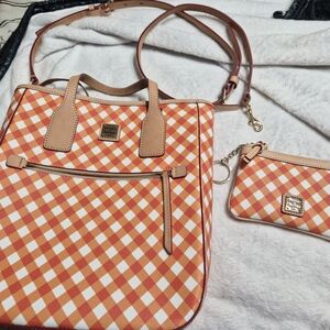 Dooney & Bourke Orange and White Gingham 11 Tote With Wristlet